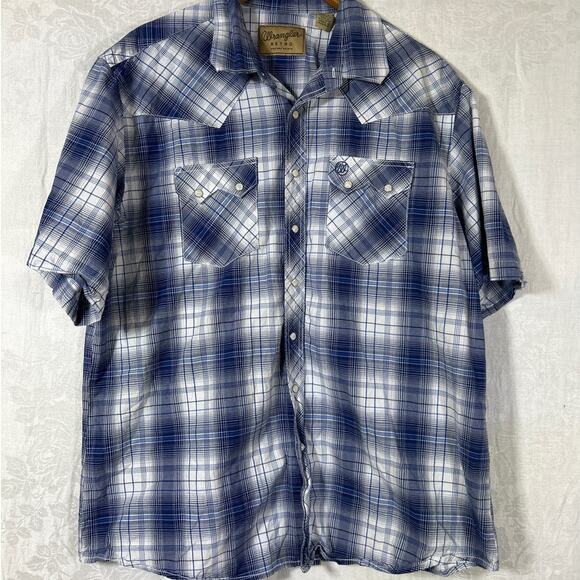 Wrangler Other - Wrangler Retro Pearl Snap Shirt 2XLT TALL Blue White Plaid Short Sleeve Western